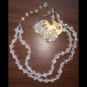 Double Strand Crystal Necklace And Clip/Huggie Earrings. Shiny. Beautiful